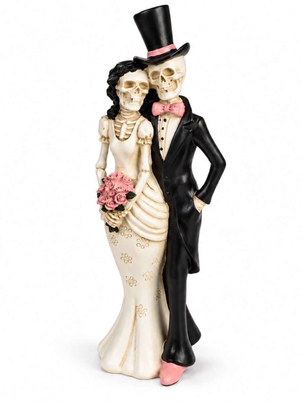 Halloween Skeleton Bride Groom Wedding Couple Statue 14" Gothic Pink Flowers